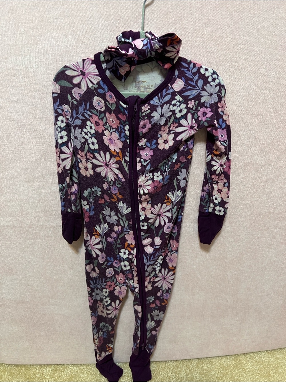 Little Sleepies Violet Meadow Bamboo Convertible Zippy 12–18M + Matching Bow